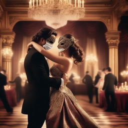 A mysterious handsome masked man with dark, wavy hair brushed back, at a lavish masquerade ball, elegantly dancing with a beautiful brown-haired damsel who is also wearing a mask