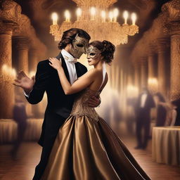 A mysterious handsome masked man with dark, wavy hair brushed back, at a lavish masquerade ball, elegantly dancing with a beautiful brown-haired damsel who is also wearing a mask