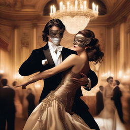 A mysterious handsome masked man with dark, wavy hair brushed back, at a lavish masquerade ball, elegantly dancing with a beautiful brown-haired damsel who is also wearing a mask