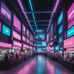 The interior of a shopping mall rendered in a cyberpunk manner, filled with neon-drenched storefronts, high-tech digital banners, and a sprawling landscape of futuristic commercial chaos.