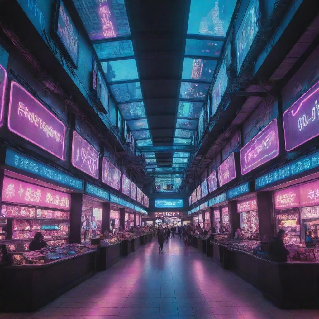 The interior of a shopping mall rendered in a cyberpunk manner, filled with neon-drenched storefronts, high-tech digital banners, and a sprawling landscape of futuristic commercial chaos.