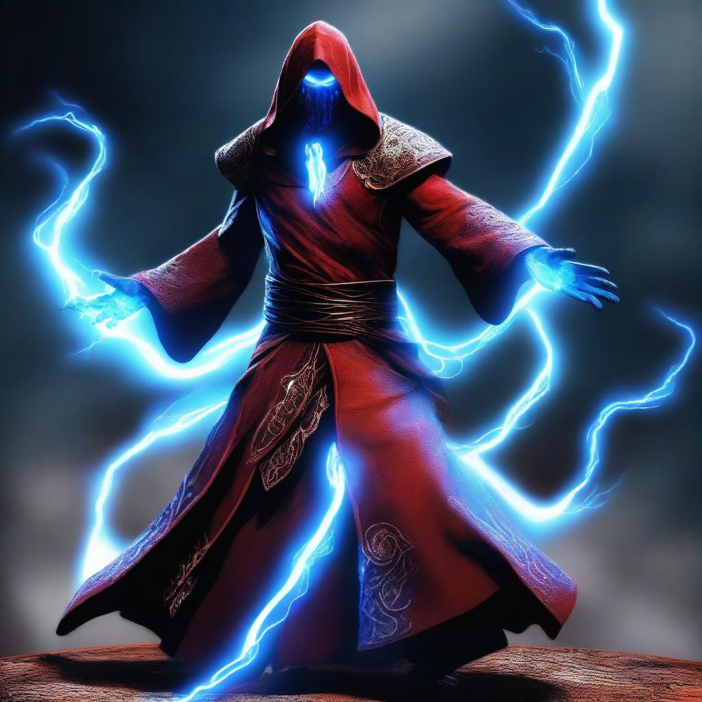 A red dragonborn man wearing black robes with a white hood, standing with a powerful stance