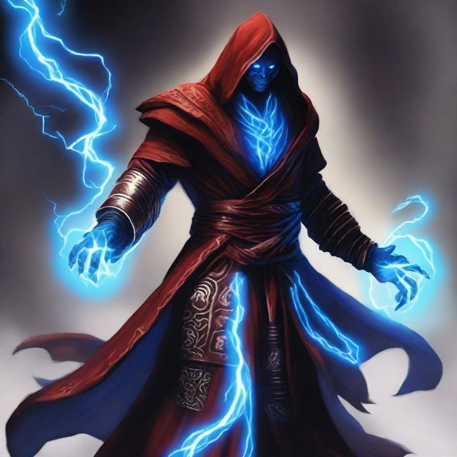 A red dragonborn man wearing black robes with a white hood, standing with a powerful stance