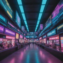 The interior of a shopping mall rendered in a cyberpunk manner, filled with neon-drenched storefronts, high-tech digital banners, and a sprawling landscape of futuristic commercial chaos.