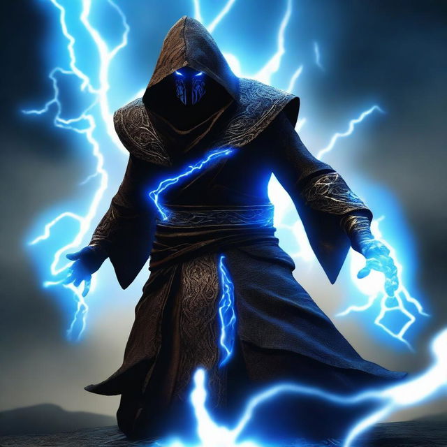 A dragonborn man wearing black robes with a white hood, standing with a powerful stance