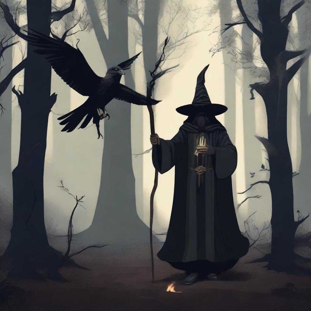 A black wizard holding his staff with a hawk flying nearby