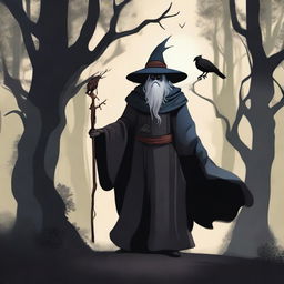 A black wizard holding his staff with a hawk flying nearby