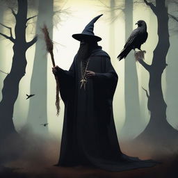 A black wizard holding his staff with a hawk flying nearby