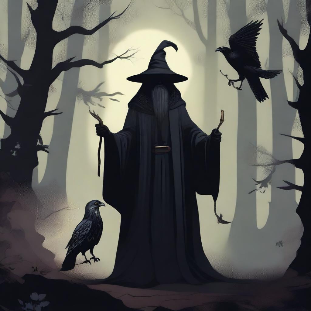 A black wizard holding his staff with a hawk flying nearby