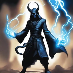 A tiefling man wearing black robes with a white hood, standing with a powerful stance