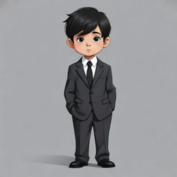 A sad cartoon child with messy short black hair, dressed in an oversized business suit and black pants.