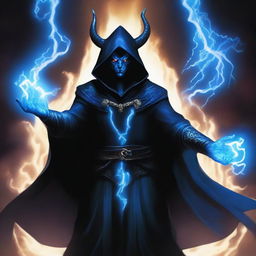 A tiefling man wearing black robes with a white hood, standing with a powerful stance