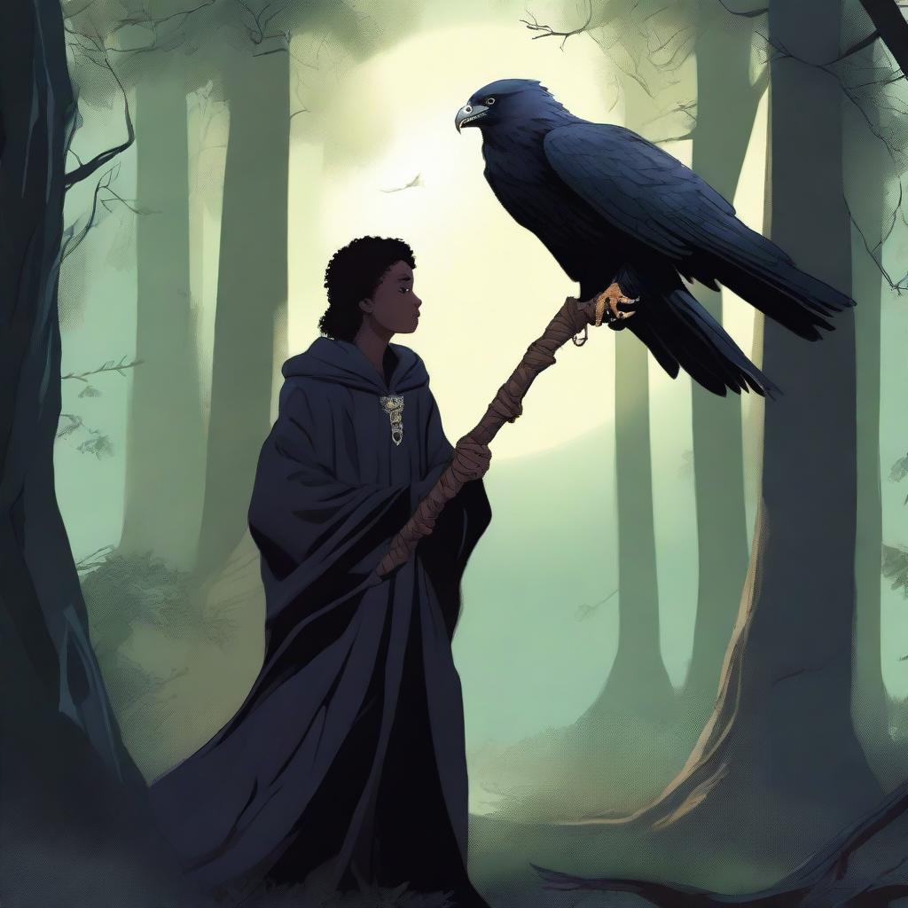 A young black wizard holding his staff with a majestic hawk flying nearby