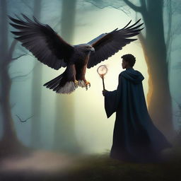 A young black wizard holding his staff with a majestic hawk flying nearby