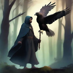 A young black wizard holding his staff with a majestic hawk flying nearby