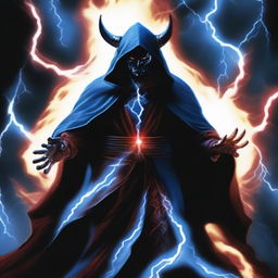 A devil man wearing black robes with a white hood, standing with a powerful stance