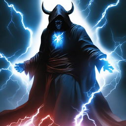 A devil man wearing black robes with a white hood, standing with a powerful stance