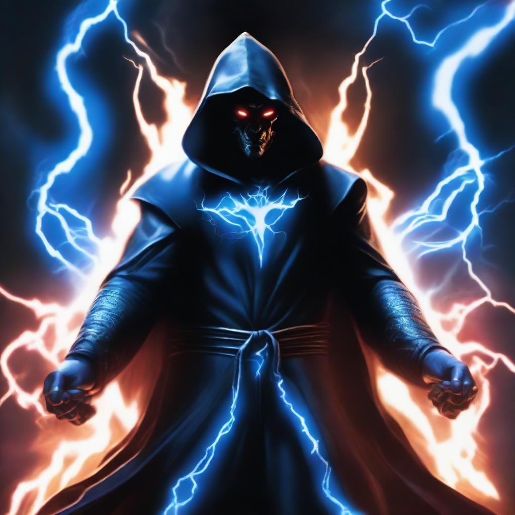 A devil man wearing black robes with a white hood, standing with a powerful stance