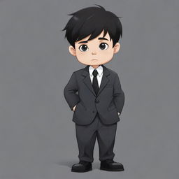 A sad cartoon child with messy short black hair, dressed in an oversized business suit and black pants.