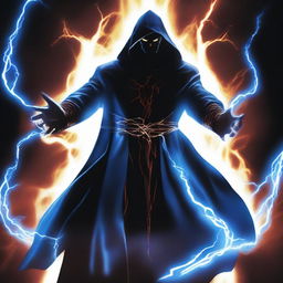 A devil man wearing black robes with a white hood, standing with a powerful stance