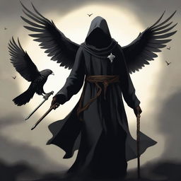 A young black wizard holding his staff with a hawk flying near and a shadow wrapping itself around him