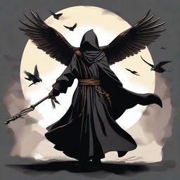 A young black wizard holding his staff with a hawk flying near and a shadow wrapping itself around him