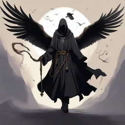 A young black wizard holding his staff with a hawk flying near and a shadow wrapping itself around him