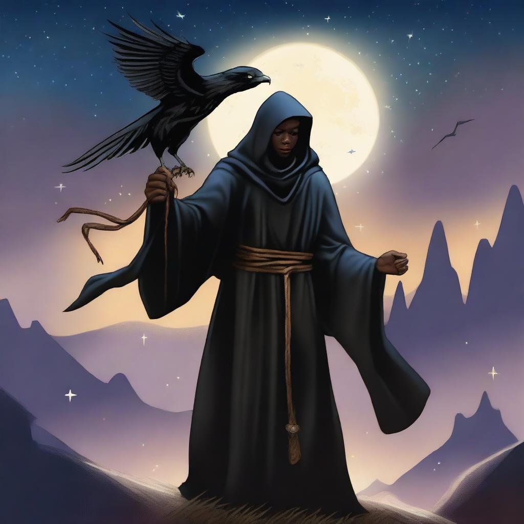 A young black wizard holding his staff with a hawk flying in the distance and a shadow wrapping itself around him