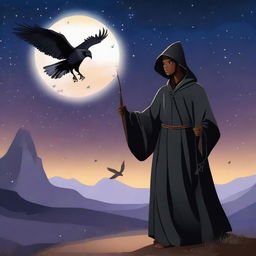 A young black wizard holding his staff with a hawk flying in the distance and a shadow wrapping itself around him