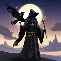 A young black wizard holding his staff with a hawk flying in the distance and a shadow wrapping itself around him