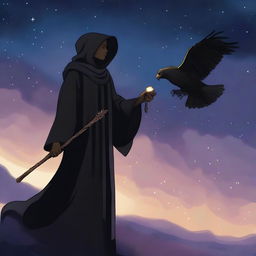 A young black wizard holding his staff with a hawk flying in the distance and a shadow wrapping itself around him