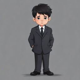 A sad cartoon child with messy short black hair, dressed in an oversized business suit and black pants.