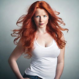 A realistic image of a redheaded woman with a voluptuous figure wearing a white tank top