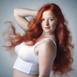 A realistic image of a redheaded woman with a voluptuous figure wearing a white tank top