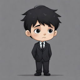 A sad cartoon child with messy short black hair, dressed in an oversized business suit and black pants.