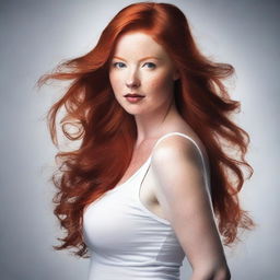 A realistic image of a redheaded woman with a voluptuous figure wearing a white tank top