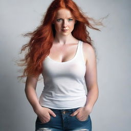 A realistic image of a redheaded woman with a voluptuous figure wearing a ripped white tank top