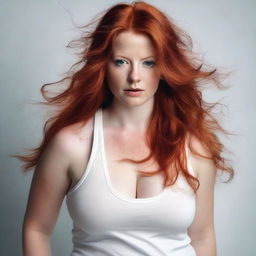 A realistic image of a redheaded woman with a voluptuous figure wearing a ripped white tank top