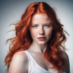 A realistic image of a redheaded woman with a voluptuous figure wearing a ripped white tank top