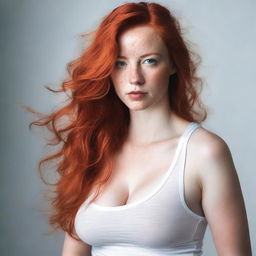 A realistic image of a redheaded woman with a voluptuous figure wearing a ripped white tank top