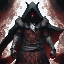 A devil man wearing black robes with a white hood, standing with a powerful stance