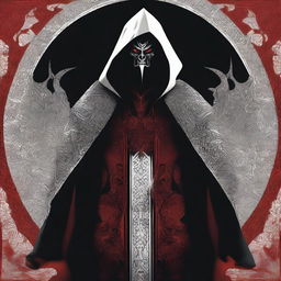 A devil man wearing black robes with a white hood, standing with a powerful stance