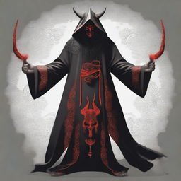 A devil man wearing black robes with a white hood, standing with a powerful stance