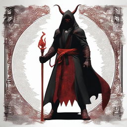 A devil man wearing black robes with a white hood, standing with a powerful stance