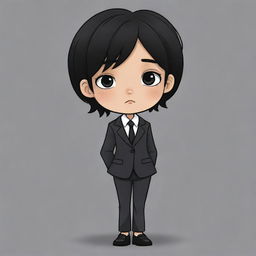 A sad, cute cartoon drawing of a kid girl with short, messy black hair in a business suit and black pants.