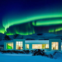 A large, modern mansion nestled in the stunning landscape of Iceland, with snowy mountains in the backdrop and the Northern Lights dancing in the night sky.