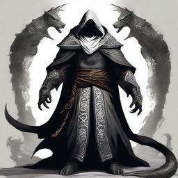 A dragonborn man wearing black robes with a white hood, standing with a powerful stance