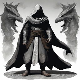 A dragonborn man wearing black robes with a white hood, standing with a powerful stance