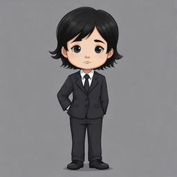 A sad, cute cartoon drawing of a kid girl with short, messy black hair in a business suit and black pants.