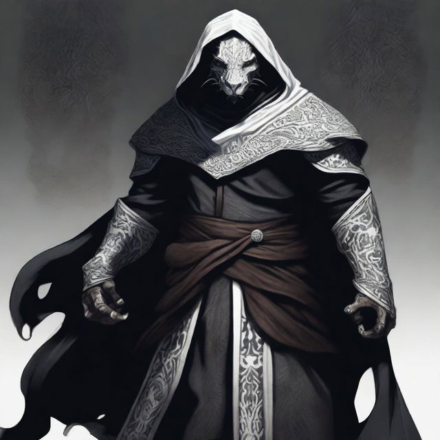 A dragonborn man wearing black robes with a white hood, standing with a powerful stance